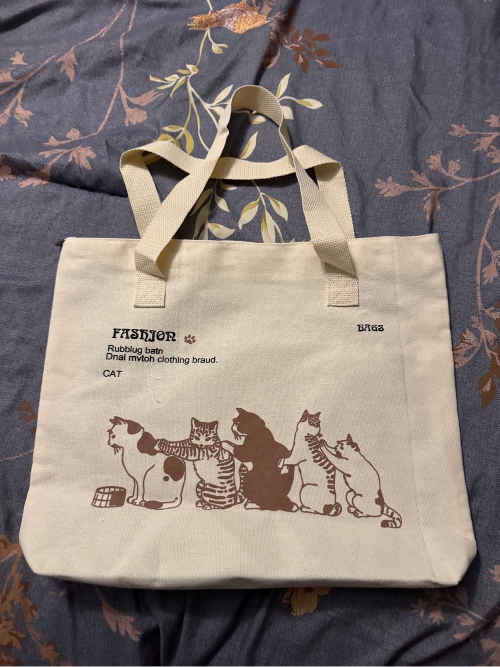Canvas Cat Print Tote Bag - Cream and Brown